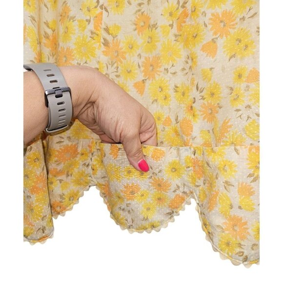 Vintage Handmade Kitchen Apron Yellow Floral Pockets Ric Rac Polka Dot Tie Waist - Picture 5 of 10